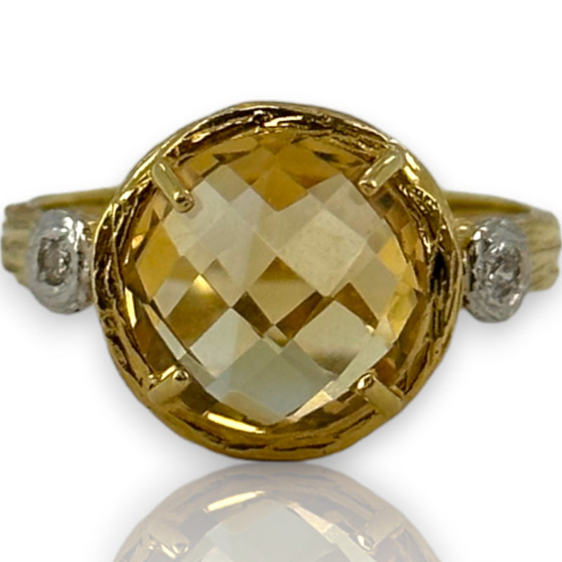 I. Reiss Solid 14k Yellow Textured Gold Checkerboard Cut Citrine and Diamond Accent Cocktail Ring Size 7.5