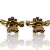 Vintage 1940s-50s 18kt Solid Yellow Gold Clip-On Earrings Florentine Finish With Rubies