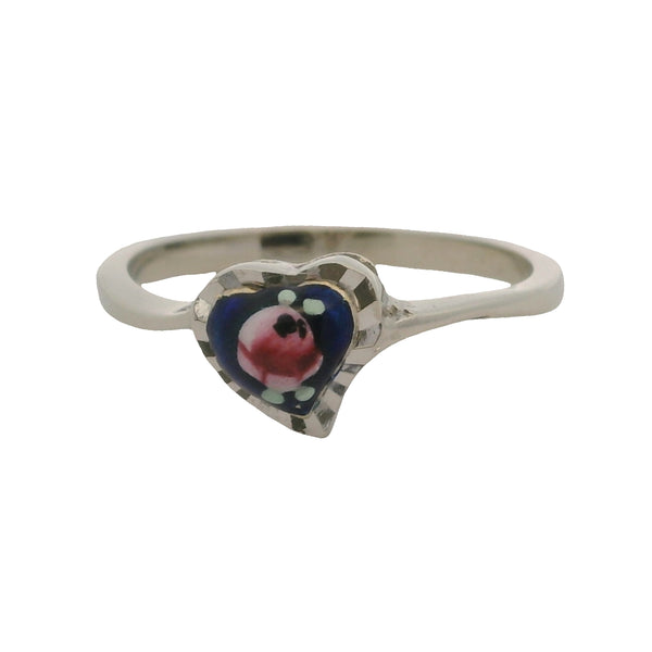 Vintage Italian Solid 18kt White Gold and Enamel Floral Heart Rose Ring Size 6