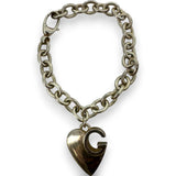 Gucci 925 Sterling Silver Heavy Heart G Logo Charm 7.5" Bracelet Made in Italy