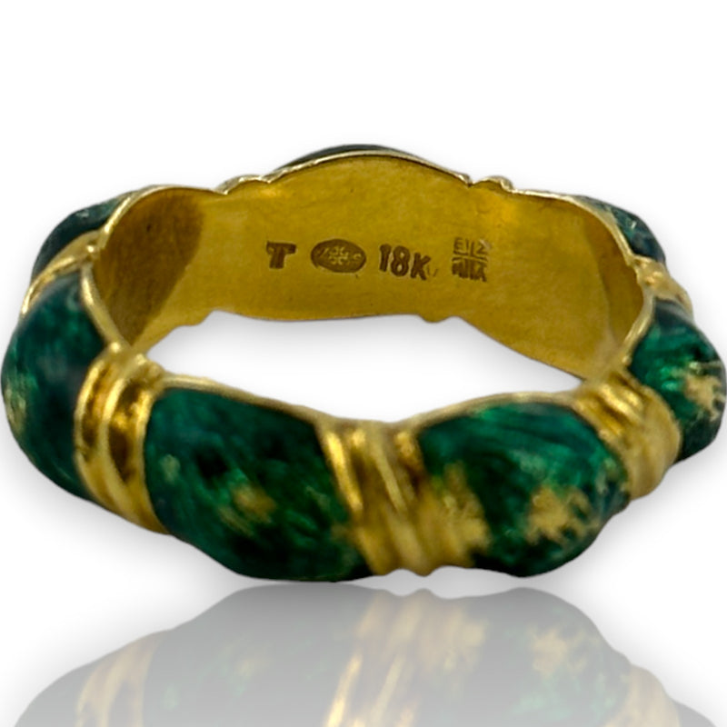 Vintage 1970-80s Victorian Revival Solid 18kt Yellow Gold and Blue-Green Enamel Twist Band Size 6.5 Ring