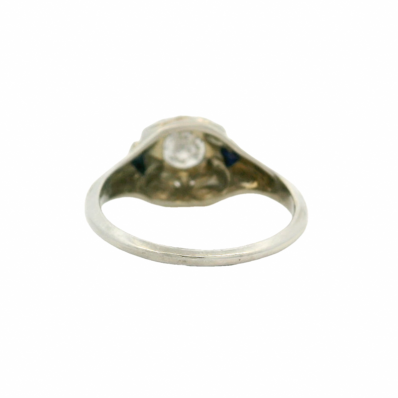 Antique 1920s Art Deco 18kt White Gold and Octagon Set Diamond Solitaire Ring with Lab Sapphire Sides