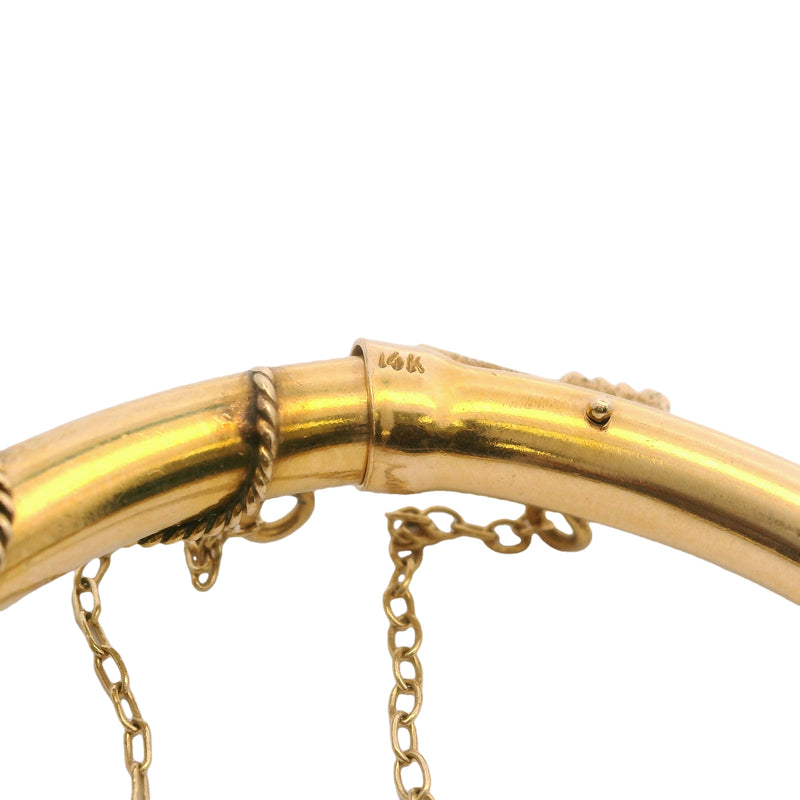 Antique Late Victorian Art Nouveau 14kt Yellow Gold and Cabochon Opal Rope Bangle Bracelet 6.5"