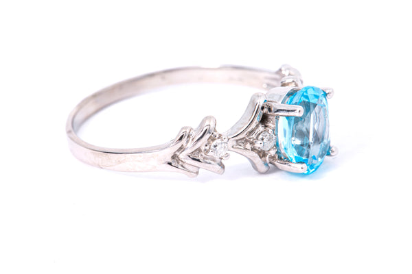 Solid 14kt White Gold Prong-Set Blue Topaz Ring with 4 Diamond Accents Size 10