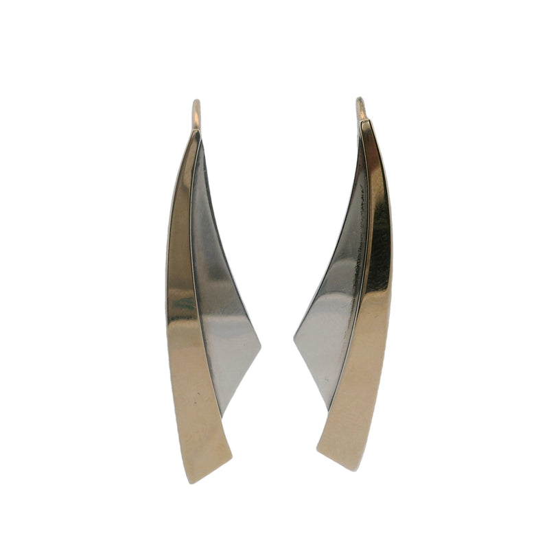 Vintage Ed Levin Modernist Era 14kt Gold and 925 Sterling Silver Linear Curve Dangle Earrings