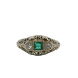 Antique 1920s Solid 14kt White Gold, Diamond, and Glass Emerald 3-Stone Ring Size 2.5