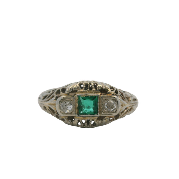 Antique 1920s Solid 14kt White Gold, Diamond, and Glass Emerald 3-Stone Ring Size 2.5