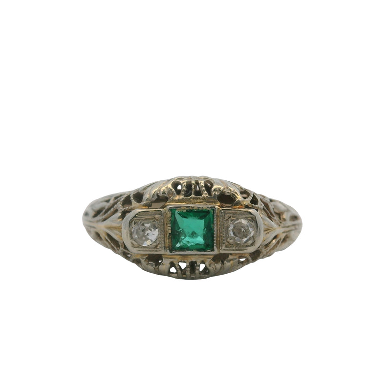 Antique 1920s Solid 14kt White Gold, Diamond, and Glass Emerald 3-Stone Ring Size 2.5