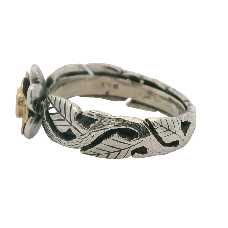 Anillo de hoja de flor en plata de ley 925 y oro amarillo de 18 kt con esmeralda central, talla 5