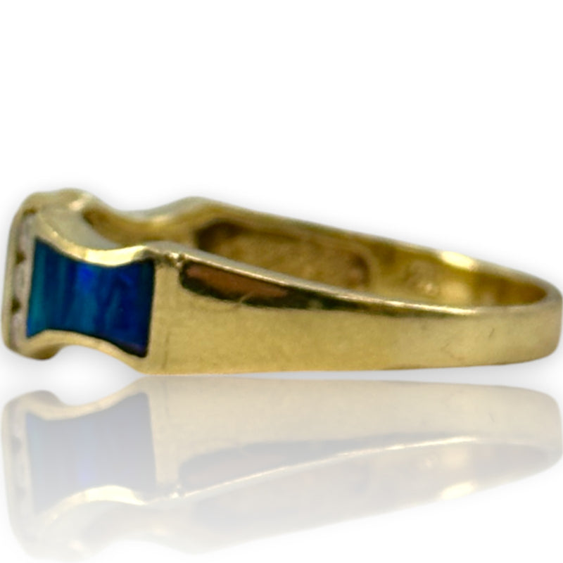 Anillo apilable de moda en oro amarillo macizo de 14 kt y ópalo negro de laboratorio con 6 diamantes, talla 9.5