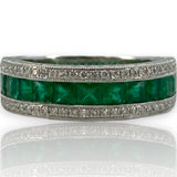 QCD Quality Color Design 14kt Solid White Gold Rhodium Plate Band with Princess Cut Emeralds and Accent Diamonds Size 7 Ring
