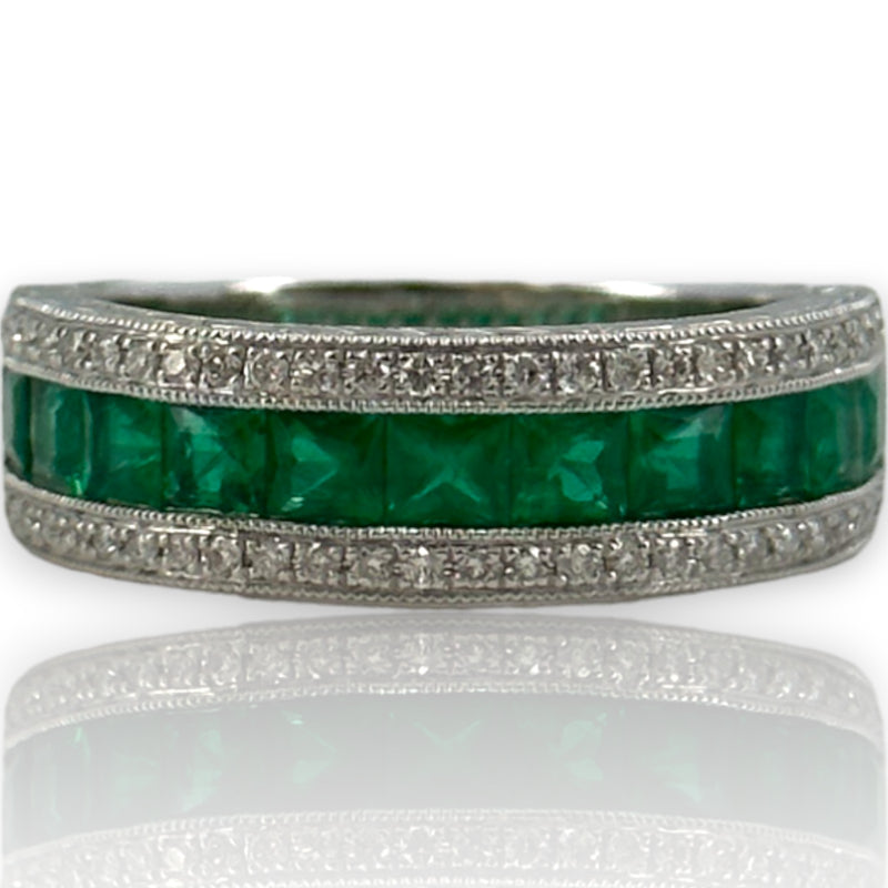 QCD Quality Color Design 14kt Solid White Gold Rhodium Plate Band with Princess Cut Emeralds and Accent Diamonds Size 7 Ring
