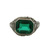 Antique 1920s Art Deco 14kt White Gold and Green Glass Filigree Cocktail Ring Size 6
