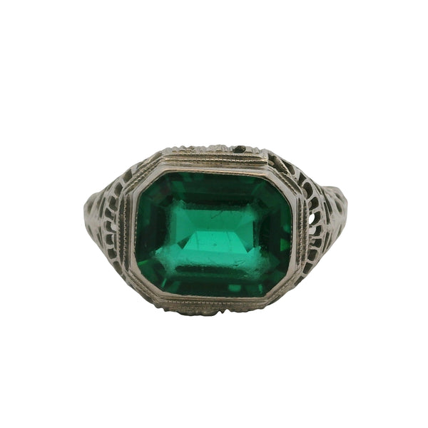 Antique 1920s Art Deco 14kt White Gold and Green Glass Filigree Cocktail Ring Size 6