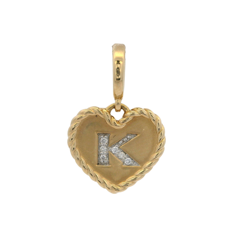 Retired David Yurman Solid 18kt Yellow Gold Heart Charm Initial "K" Cable Pendant