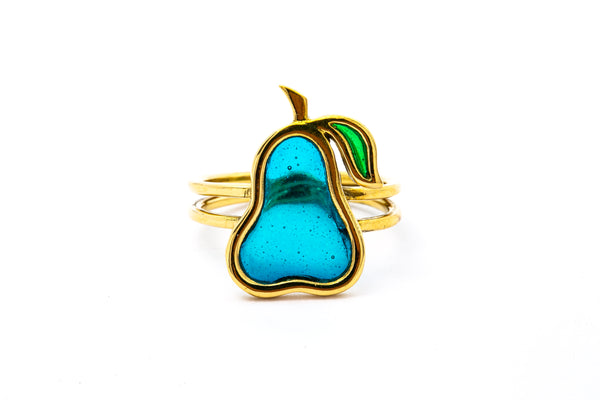 Acrylic Pear Shape Fruit Motif 18k 750 Yellow Gold Ring Size 6