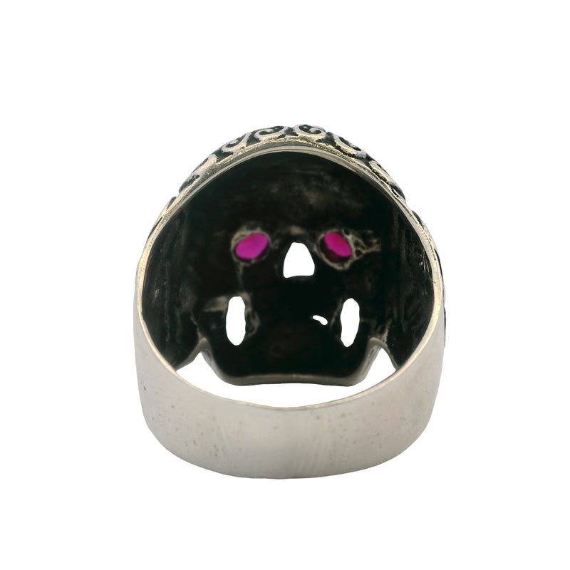 925 Sterling Silver Sugar Skull Skeleton Floral Ring with Lab Ruby Eyes Size 11