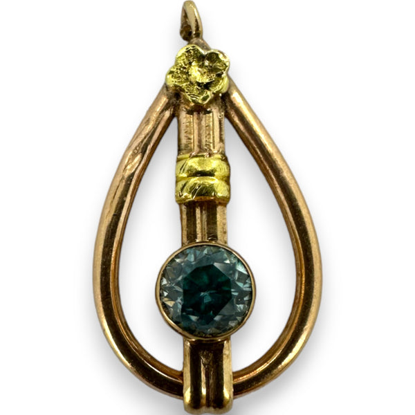 Antique Edwardian 10kt Rose Gold and Blue Zircon Drop Pendant with Green Gold Accents