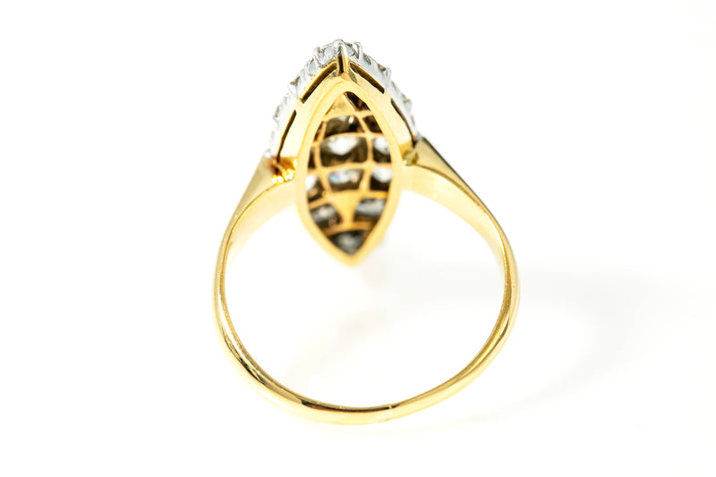 Victorian 18k 750 White & Yellow Gold Navette Old European Cocktail Ring