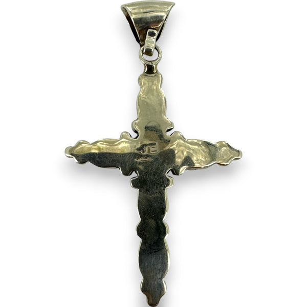 Jennie Epaloos Zuni Native American 925 Sterling Silver and Turquoise Large Cross Pendant 1990s