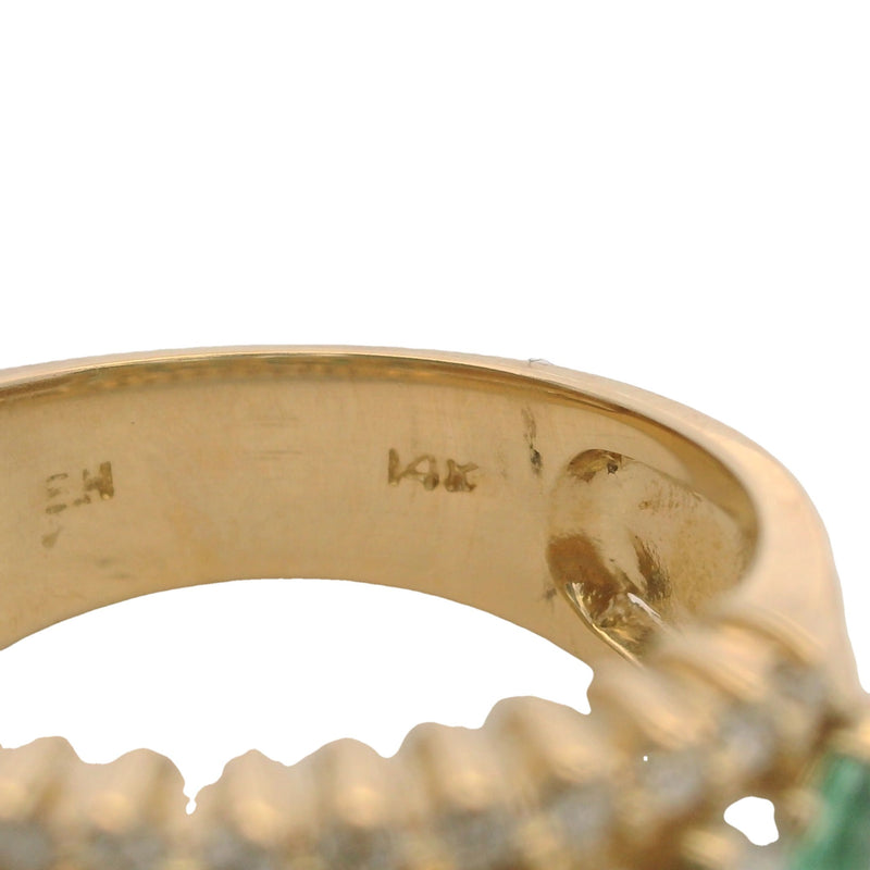 Vintage Solid 14kt Yellow Gold, Emerald, and Diamond Floral Motif Cluster Cocktail 11.5mm Wide Band Ring Size 7