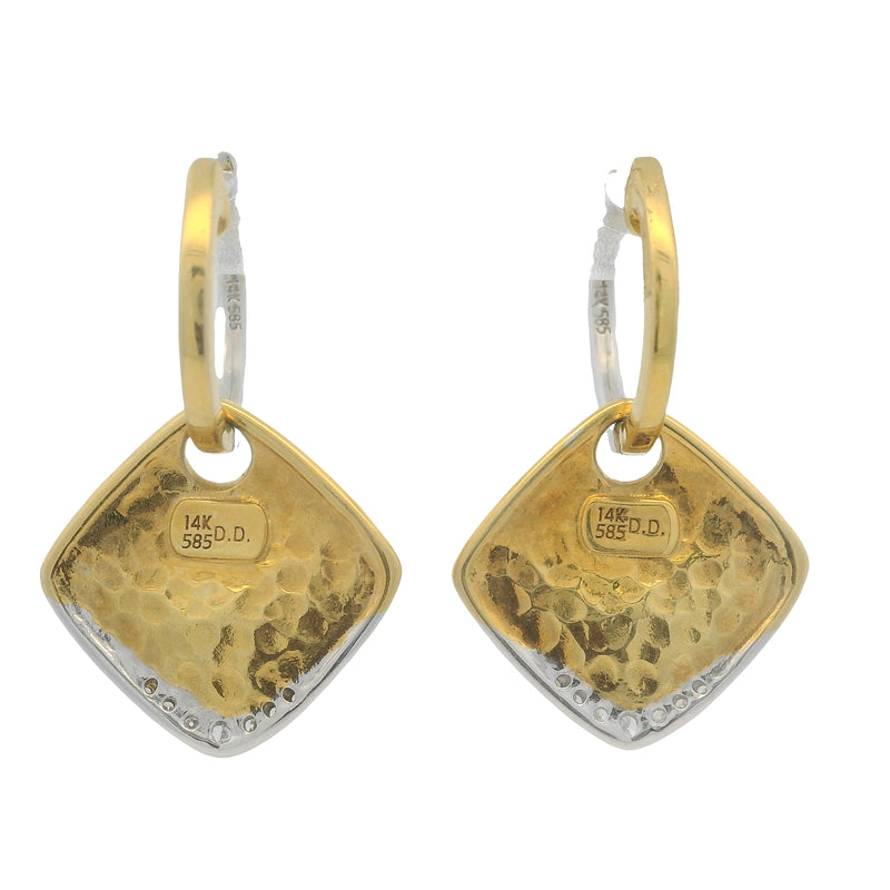 Solid 14kt White and Yellow Gold Reversible Hammered Square Diamond Dangle Snap Earrings