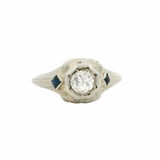 Antique 1920s Art Deco 18kt White Gold and Octagon Set Diamond Solitaire Ring with Lab Sapphire Sides