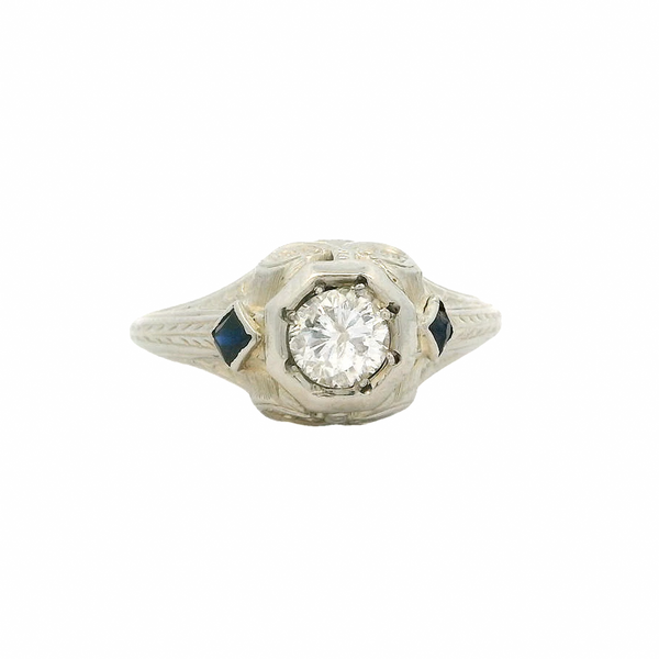 Antique 1920s Art Deco 18kt White Gold and Octagon Set Diamond Solitaire Ring with Lab Sapphire Sides