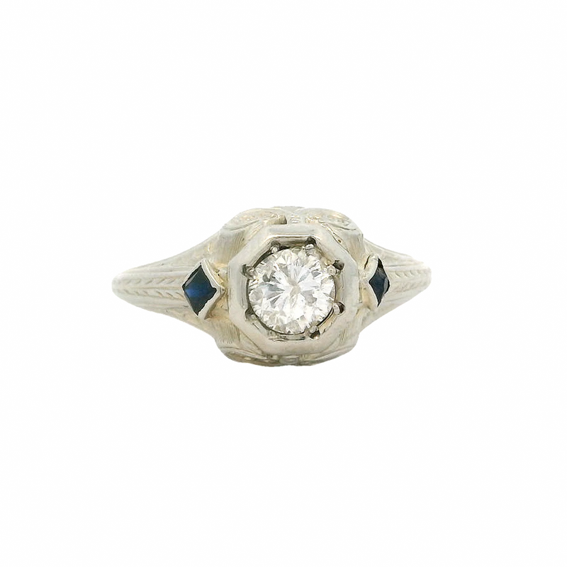 Antique 1920s Art Deco 18kt White Gold and Octagon Set Diamond Solitaire Ring with Lab Sapphire Sides