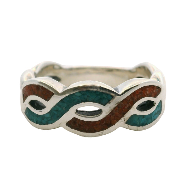 Carolyn Pollack 925 Sterling Silver Turquoise And Coral Chip Braided Crossover Ring Size 10