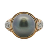 Vintage Solid 14kt 2 Tone Gold Tahitian Pearl Cocktail Ring with Accent Diamonds Size 5