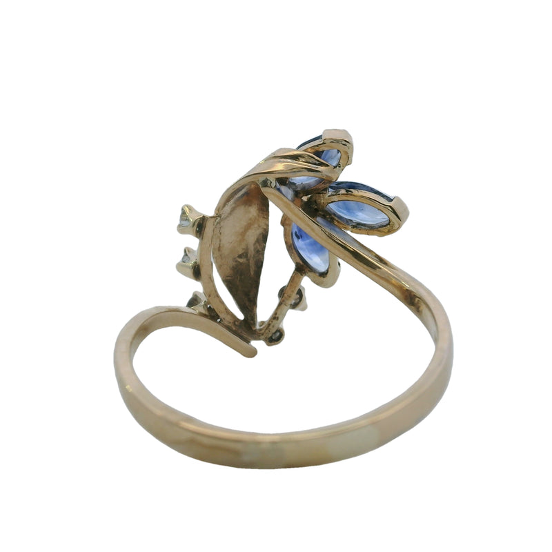 Vintage 1950-60s Retro Sapphire and Diamond Leaf Floral Cocktail Ring Size 10