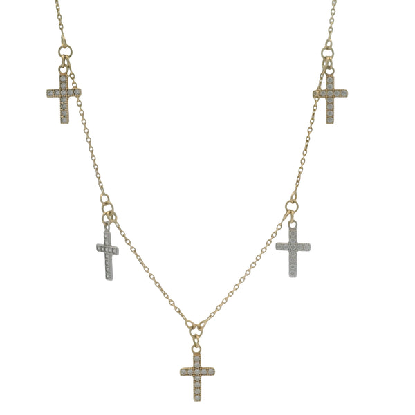 Solid 14kt Yellow Gold and Cubic Zirconia Crosses Stationed Pendant 18" Chain Necklace