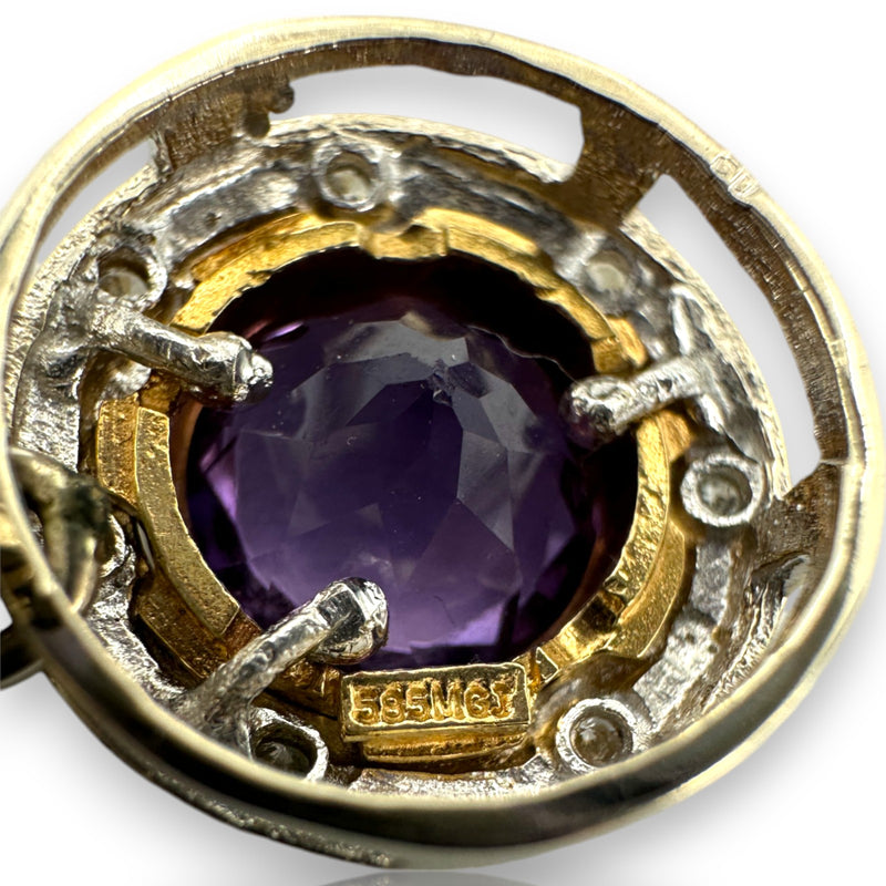 Vintage Golan Fine Crafts Two-Tone 14kt Gold Bezel Set Amethyst and Diamond Accent Snap Closure Dangle Earrings