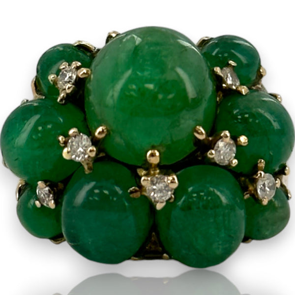 Vintage 1950-70s Large Cabochon Vivid Green Emerald Cluster Cocktail Ring Solid 13k Yellow Gold with Diamond Accents Size 8