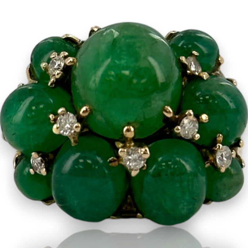 Vintage 1950-70s Large Cabochon Vivid Green Emerald Cluster Cocktail Ring Solid 13k Yellow Gold with Diamond Accents Size 8