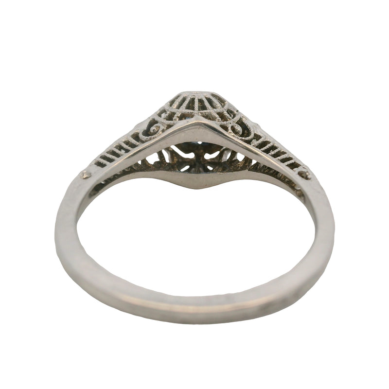 Antique 1920s Art Deco 14kt White Gold Sapphire and Diamond Filigree Ring Size 6