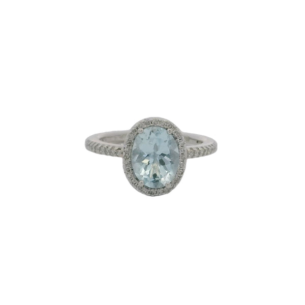 EFFY 14kt White Gold Aquamarine Oval Solitaire with Diamond Halo and Sides Size 7
