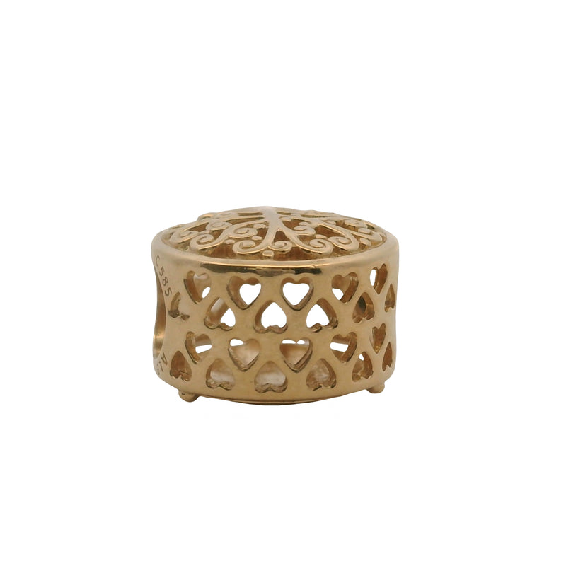 Charm deslizante Pandora de oro amarillo macizo de 14 kt 585 con raíces familiares caladas