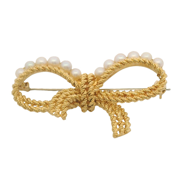 Vintage Mid-Century Italian Solid 18kt Yellow Gold and Pearl Rope Bow Pin Brooch
