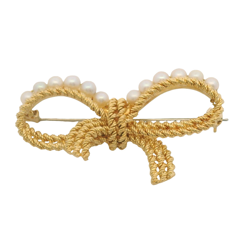 Vintage Mid-Century Italian Solid 18kt Yellow Gold and Pearl Rope Bow Pin Brooch
