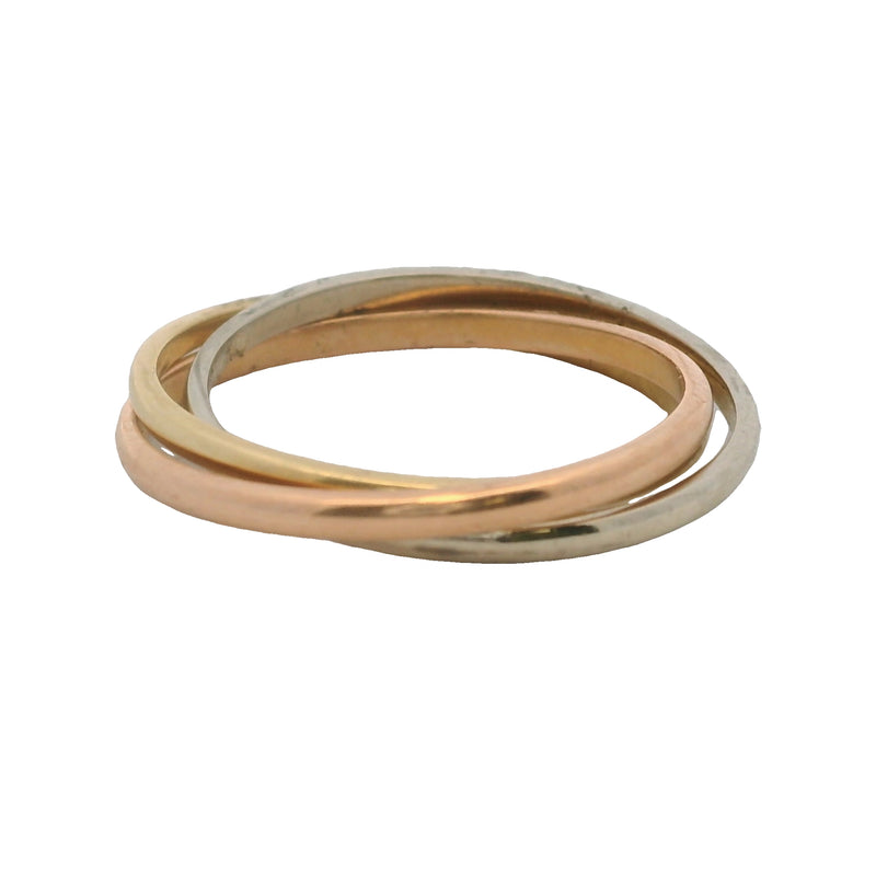 Solid 18kt Yellow, Rose, and White Gold Thin Trinity Roll-On Ring Size 8