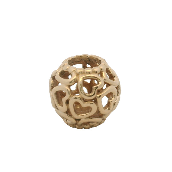 Charm espaciador redondo "Abre tu corazón" de Pandora, oro amarillo macizo de 14 kt, retirado.