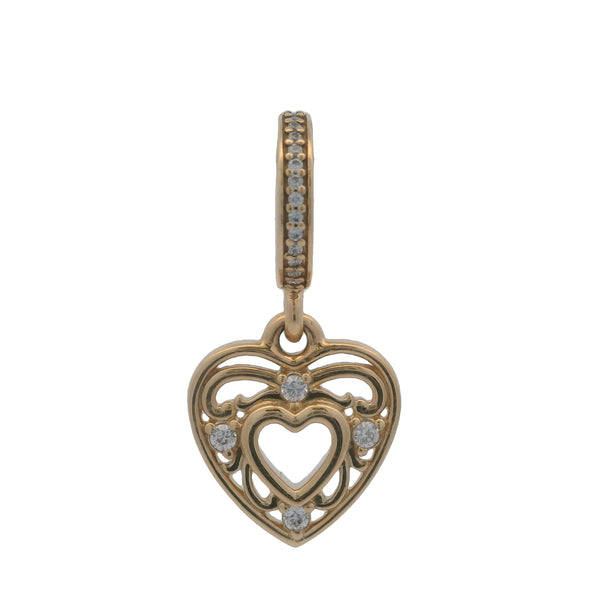Charm colgante de corazón romántico de Pandora, retirado, de oro amarillo sólido de 14 kt y circonita cúbica.
