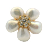 Solid 18kt Yellow Gold Freshwater Pearl and Diamond Cluster Flower Cocktail Ring Size 8.5