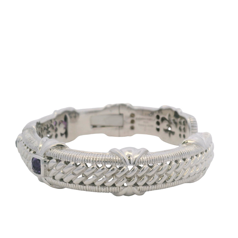 Judith Ripka 925 Sterling Silver and Checkerboard Cut Amethyst 14.5mm Cuff Bracelet