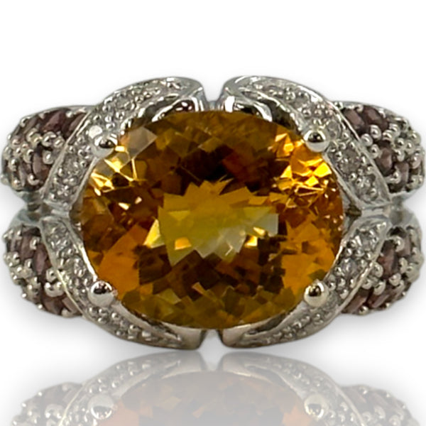 14kt Solid White Gold Cocktail Ring with Large Citrine, Diamonds, and Tourmaline Sides Size 6