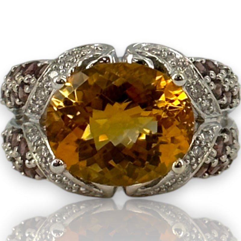 14kt Solid White Gold Cocktail Ring with Large Citrine, Diamonds, and Tourmaline Sides Size 6