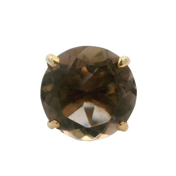 Brutalist 14kt Yellow Gold Textured Square Ring With Large Smokey Quartz Solitaire Size 6.5