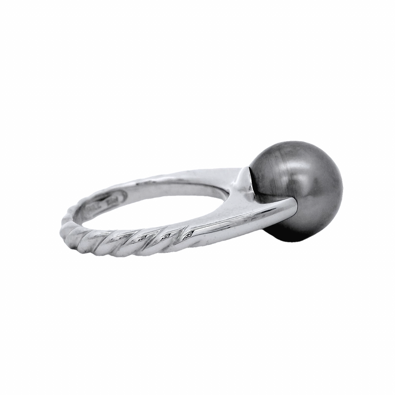 David Yurman Retired Solid 18kt White Gold Tahitian Black Pearl Solitaire Ring with Twisted Rope Style Band Size 6